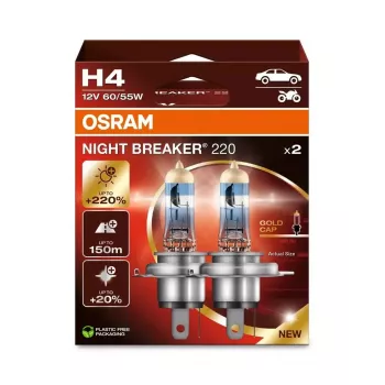 Halogeninis priekinio žibinto lemputės rinkinys Osram NIGHT BREAKER 220 H4 — dviejų lempučių pakuotė, 12V 60/55W