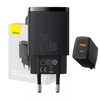 Vidinis USB greitasis įkroviklis Baseus CCXJ-B01 — 2 prievadai (USB-C PD 20W + USB-A QC3.0 18W), 100–240V, juodas