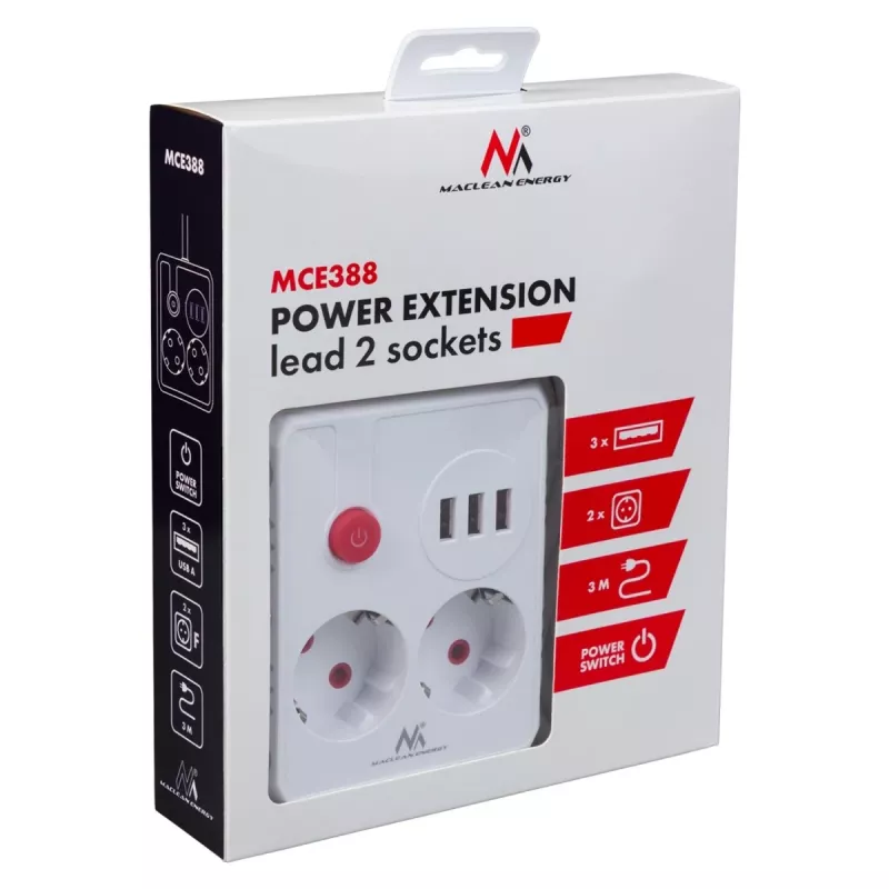 Maitinimo blokas MACLEAN MCE388 W – 2 lizdai, 3×USB, 110–240V, 2500W, 3 m laidas, baltas