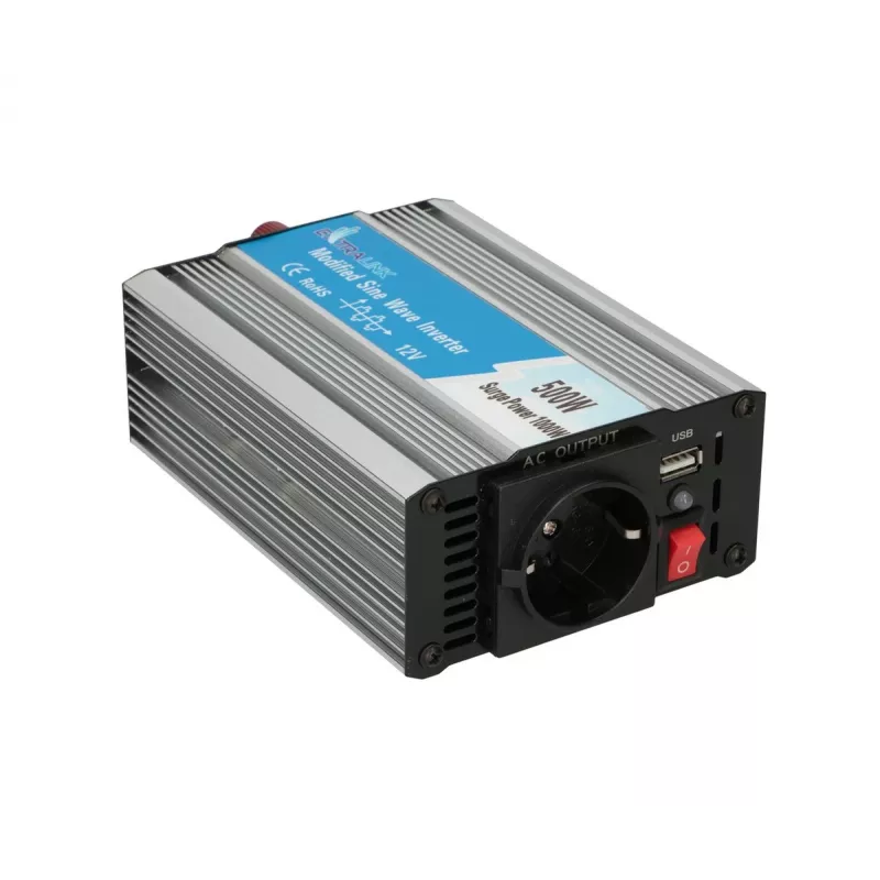Automobilinis įtampos keitiklis Extralink OPIM-500W 12V, 500W modifikuota sinusoidė, aliumininis korpusas, aktyvus aušinimas
