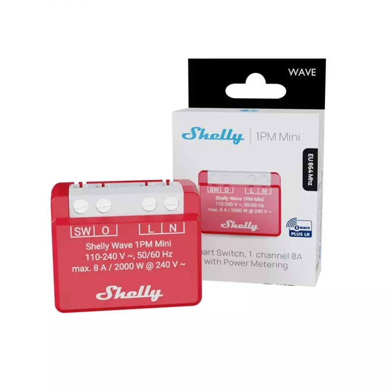 Sieninis išmanusis relejė Shelly 1PM — vieno kanalo Z-Wave mini jungiklis, 110–240 V, 8 A, 2000 W, 868,4 MHz