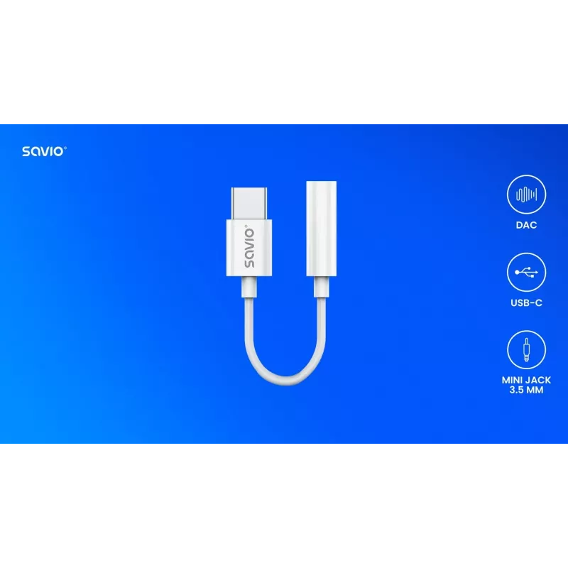 USB Type-C (M) – Jack 3,5 mm (F) garso adapteris baltas SAVIO AK-52
