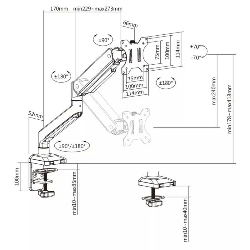 Ergo Office Universalus Monitoriaus Stalo Laikiklis, Dujinė Spyruoklė 17-35 15kg, VESA 75x75 / 100x100, ER-445