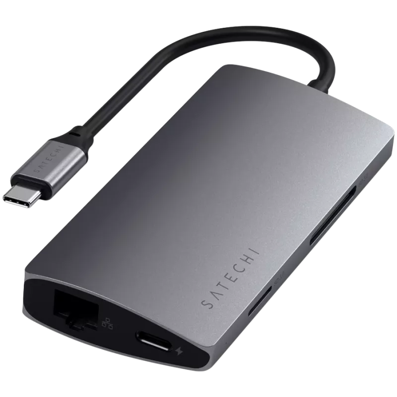 Satechi Aliuminio Adapteris V2 USB-C (USB-C, 3x USB-A, 4K HDMI, SD/microSD kortelių skaitytuvas, Ethernet) (starlight grey)