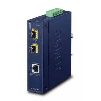 Tinklo medijos keitiklis PLANET IGT-1205AT — Gigabitinis SFP 2 skaiduloms, 1x RJ-45, 10/100/1000 Mbps, 12–48V, DIN bėgelis, IP30