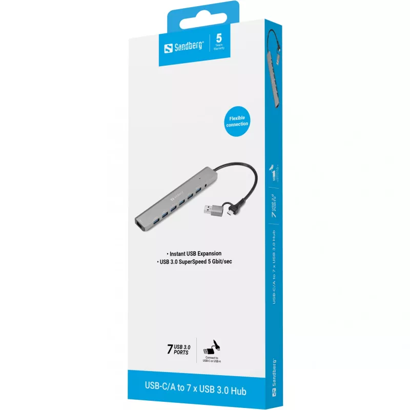 USB mazgas SANDBERG 136-66 — 7x USB 3.0 prievadai, išorinis maitinimas