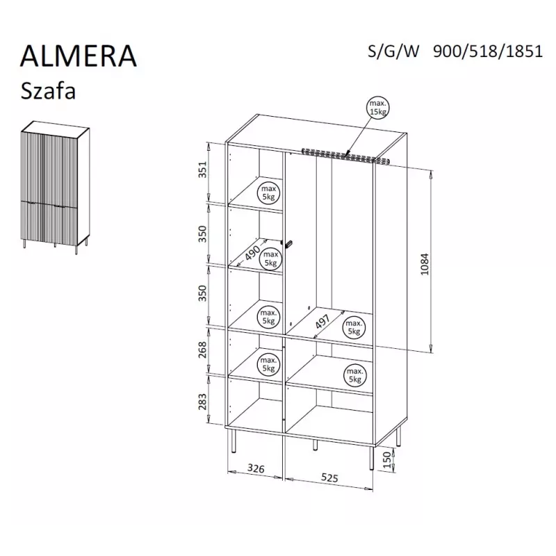 Spinta Cama Meble ALMERA Cama 5 90x52x185 cm, riešutmedžio rėmas, kashmyro durys, 6 lentynos