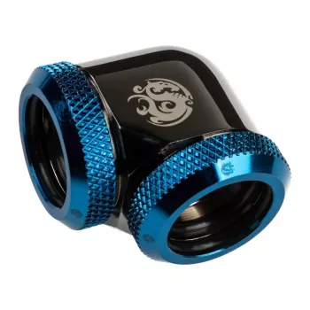 Bitspower adapter 90° 16 mm OD į 16 mm OD kietajam vamzdeliui, juodas blizgus/mėlynas
