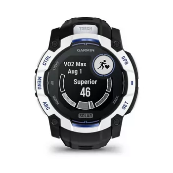 Išmanusis laikrodis GARMIN Instinct 3 3,05 cm (1,2 colio) AMOLED 45 mm 390x390 px liečiamas ekranas Juodas Baltas GPS 4 GB 53 g Silikoninis dirželis