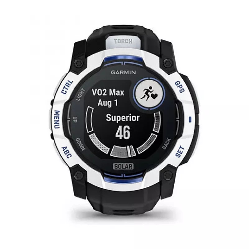Išmanusis laikrodis GARMIN Instinct 3 3,05 cm (1,2 colio) AMOLED 45 mm 390x390 px liečiamas ekranas Juodas Baltas GPS 4 GB 53 g Silikoninis dirželis