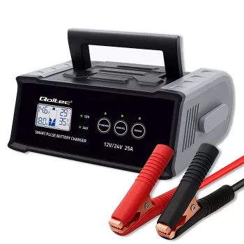 Akumuliatoriaus įkroviklis QOLTEC 52514 — 12V/24V, 25A, AGM/GEL/SLA akumuliatoriams su LCD ekranu
