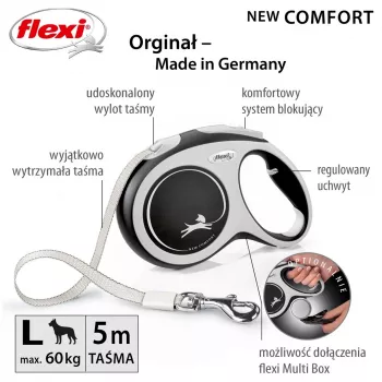 Flexi New COMFORT 8 m Juoda, Pilka Šunų Ištraukiamas Pavadėlis