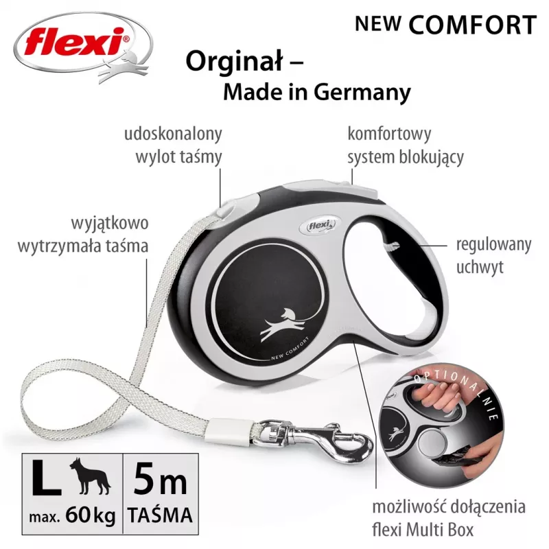 Flexi New COMFORT 8 m Juoda, Pilka Šunų Ištraukiamas Pavadėlis