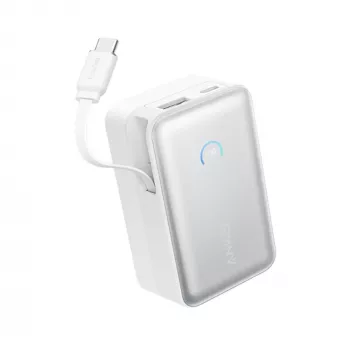 Power bank Anker A1638 10000 mAh, 45 W bendra galia, baltas, su įmontuotu ištraukiamu USB-C laidu