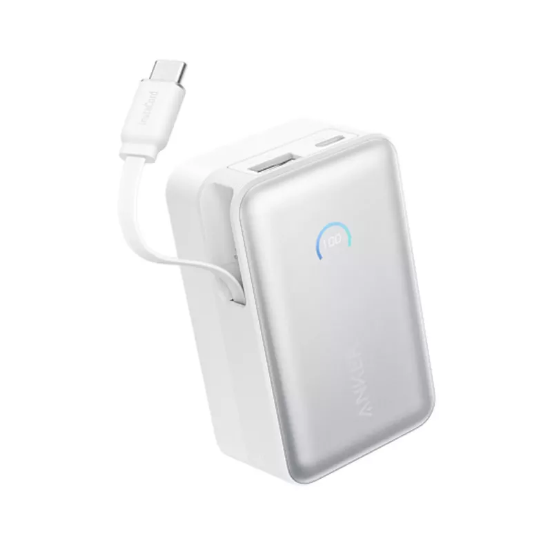 Power bank Anker A1638 10000 mAh, 45 W bendra galia, baltas, su įmontuotu ištraukiamu USB-C laidu