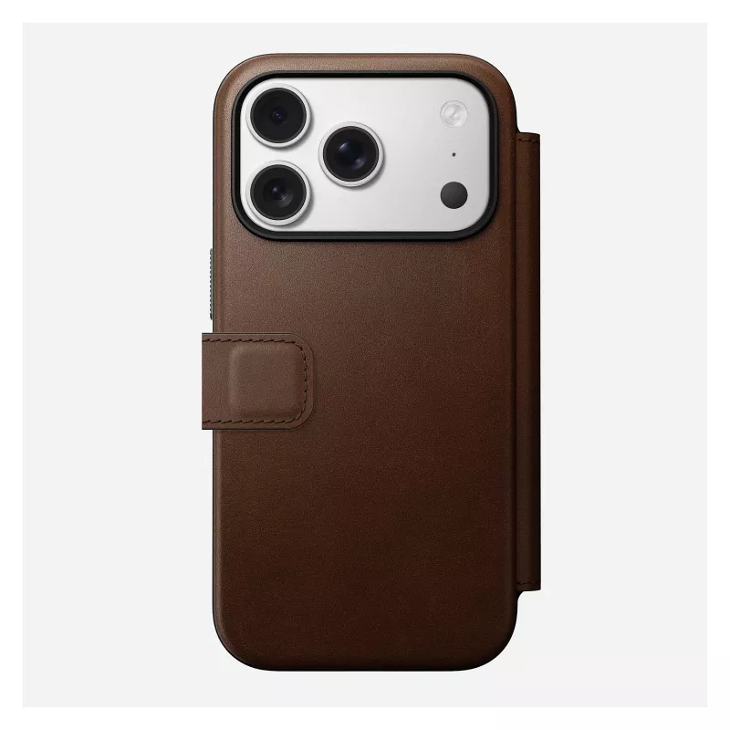 Odinė dėklo-knygelė Nomad Modern Leather Folio, skirta iPhone 17 Pro, ruda, 6,3 colio (16 cm), 4 kortelių kišenės