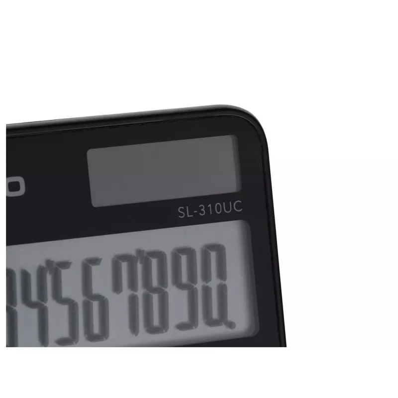 Pagrindinis skaičiuotuvas CASIO SL-310UC-BK – 10 skaitmenų, baterija/saulė, mokesčių ir pelno funkcijos, kišeninis (70×118×8,4 mm), juodas