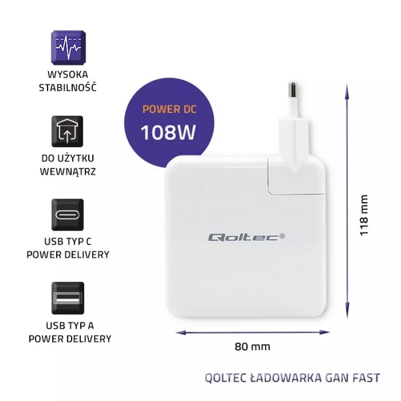 Qoltec GaN Charger FAST 108W | 5-20V | 3-4.7A | USB C | Baltas