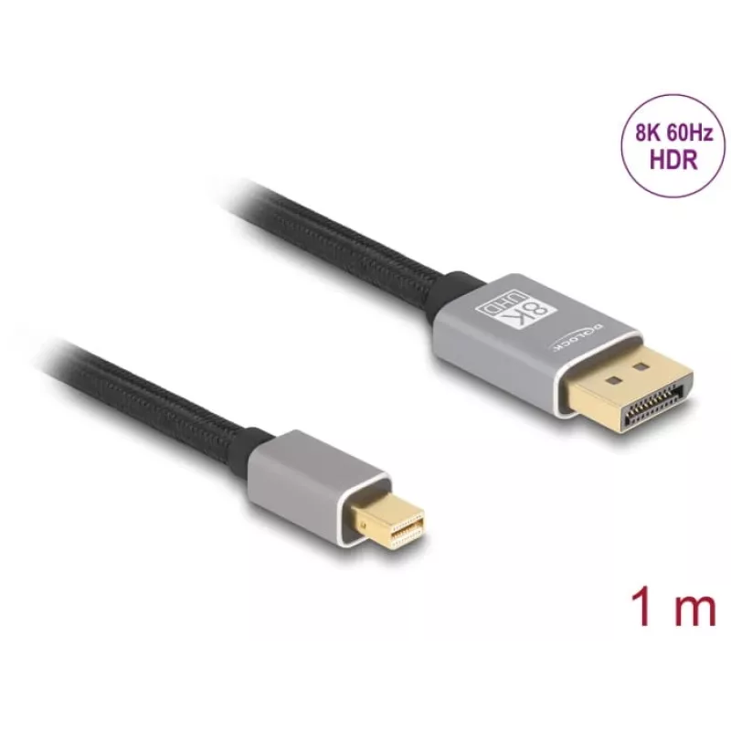 DeLOCK Mini DisplayPort į DisplayPort laidas 8K 60 Hz 1 m pilka metaliniai lizdai be fiksatoriaus