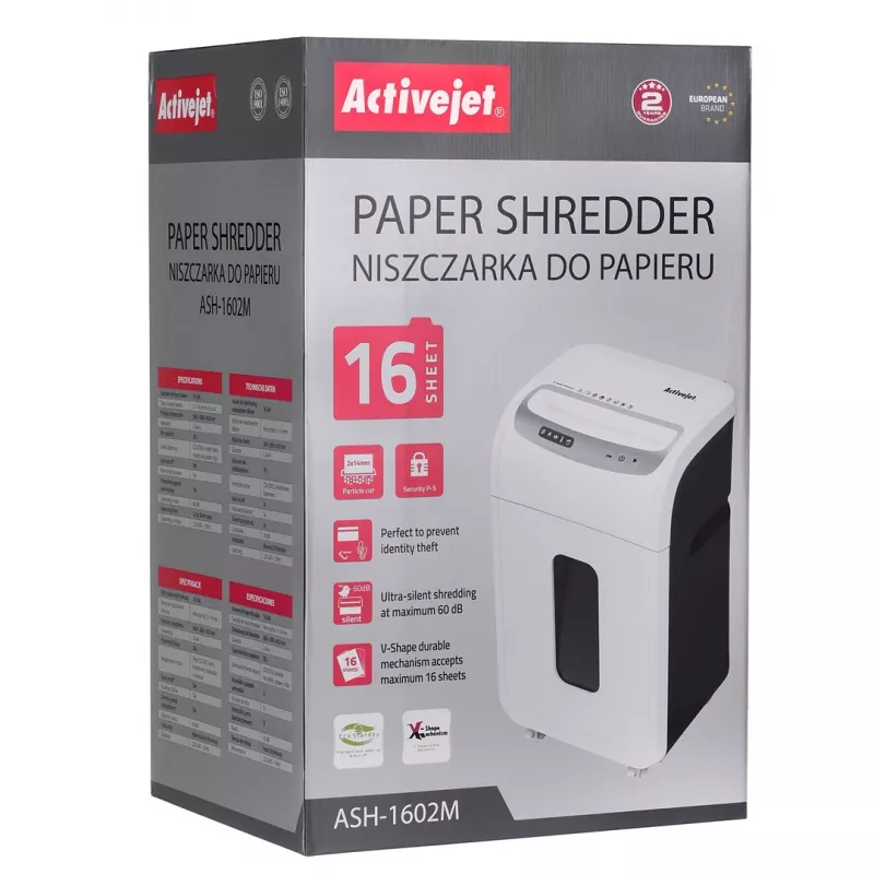 Smulkintuvas Activejet ASH-1602M, P-5, 28 l, 2x14 mm pjūviai, baltas