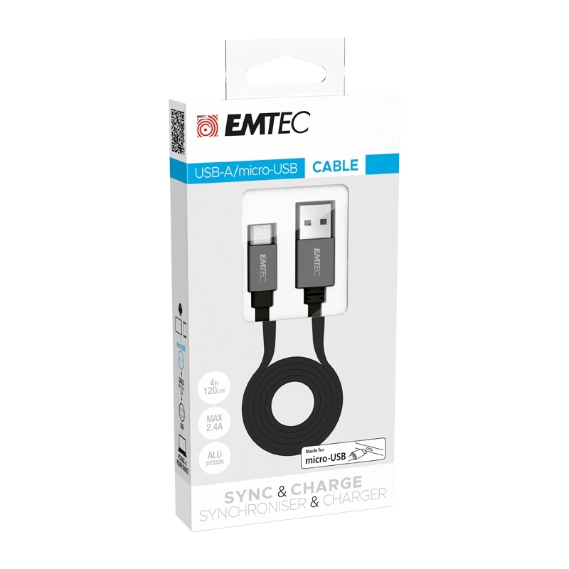 USB laidas Emtec T700B 1,2 m USB A – Micro-USB B juodas