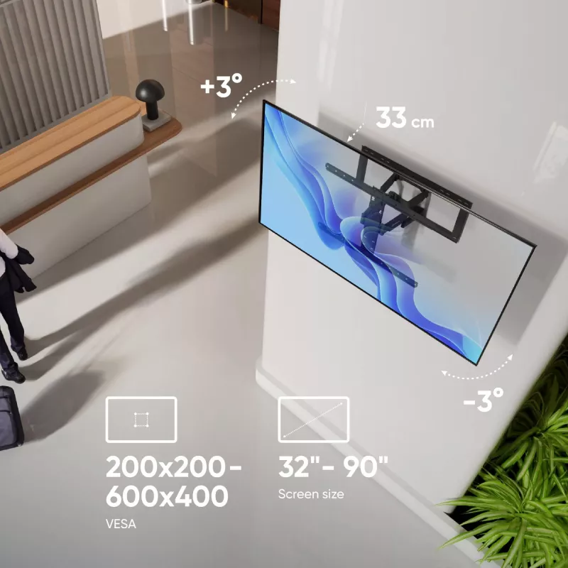 Grindinis TV stovas ONKRON SM6-B 32–90 colių ekranams, 50 kg, VESA 200×200–600×400, pakreipimas -10–5°, pasukimas 40°