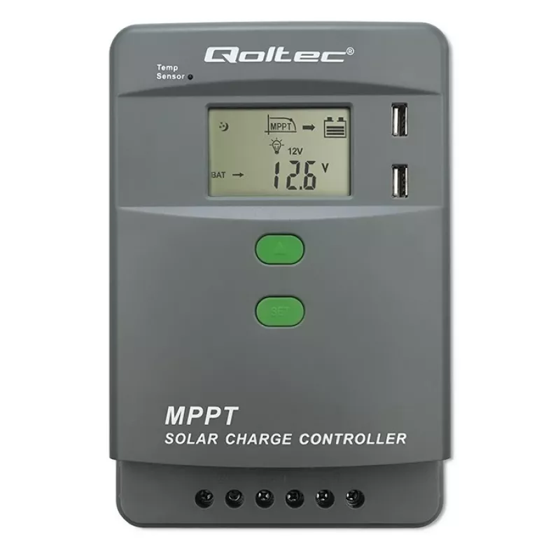 MPPT saulės kolektorių įkrovos valdiklis QOLTEC 53662 su temperatūros jutikliu