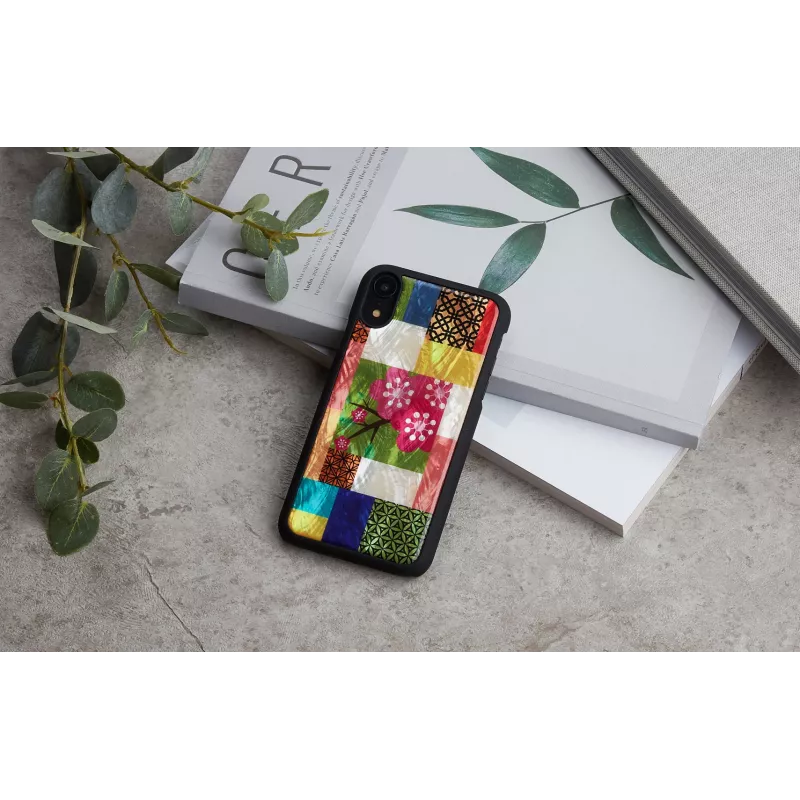Dėklas iKins iPhone XR – vyšnių žiedų raštas, juodas