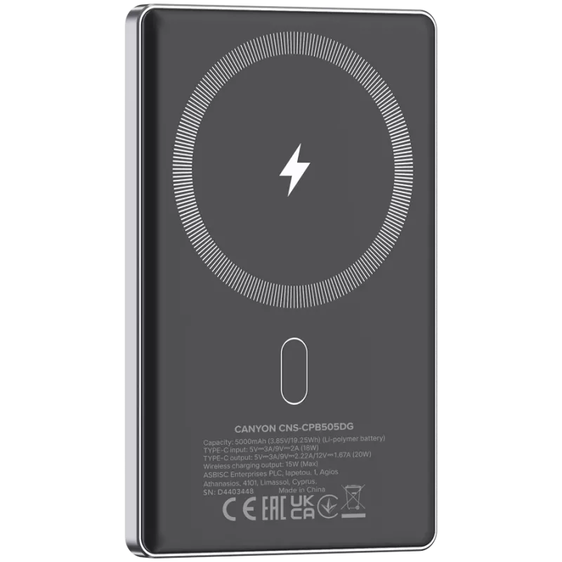 Canyon OnPower 505 - Powerbankas - 5.000 mAh - USB-C įvadas - USB-C PD 20W išvadas + belaidis magnetinis įkrovimas