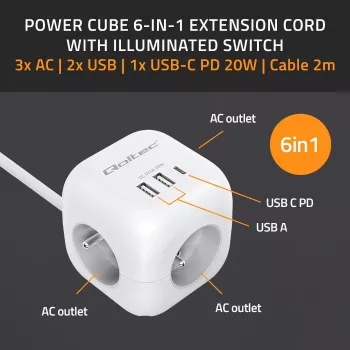 Power Cube QOLTEC 52547 maitinimo blokas 3×AC lizdai, 2×USB-A, 1×USB-C PD 20W