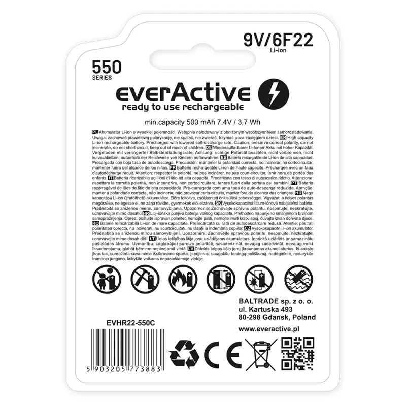 Įkraunama baterija everActive 6F22/9V Li-ion 550 mAh su USB TYPE C