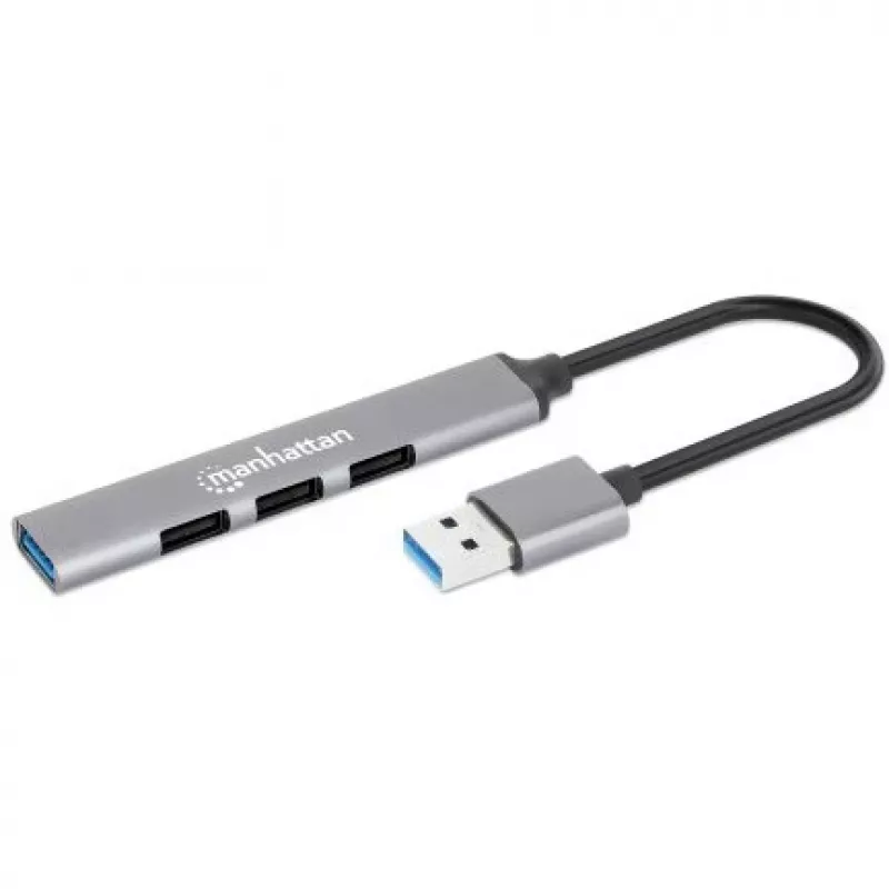 Manhattan USB-A 4 prievadų šakotuvas, 4x USB-A prievadai (1x 5 Gbps USB 3.2 Gen1, 3 x 480 Mbps USB 2.0), maitinamas per USB, aliuminis