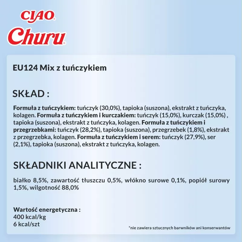 Šlapi katės skanėstai INABA Churu Variety Box – Tunas, 20 x 14 g paketėlių, pasta, drėgmė 88%, baltymai 8,5%