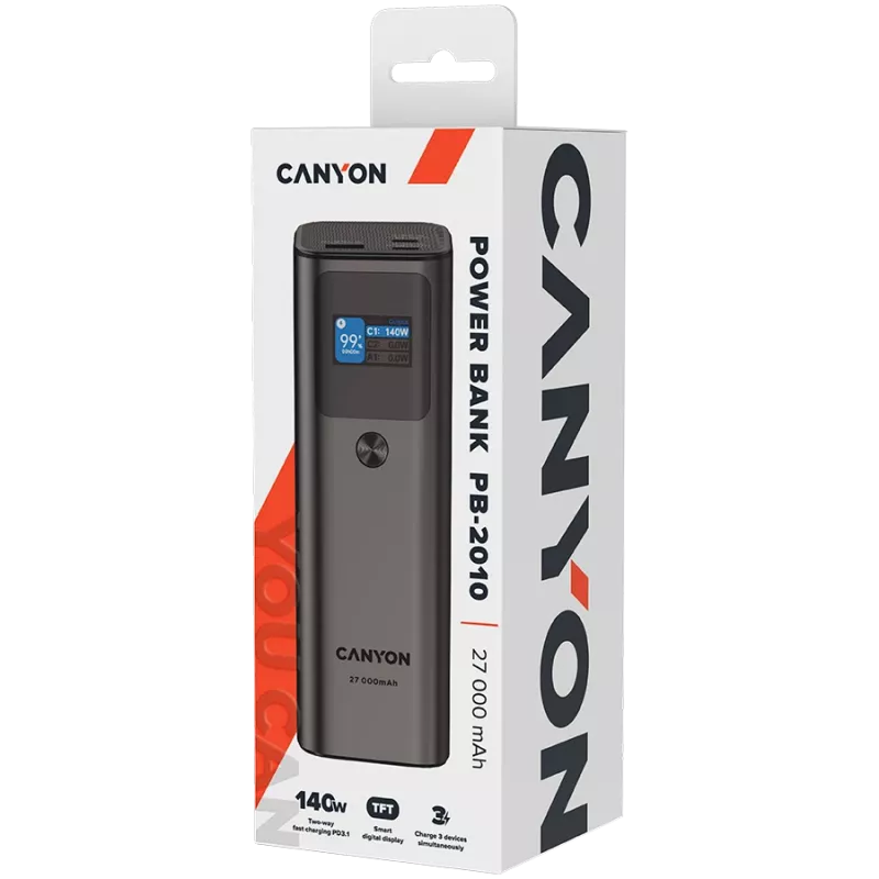 Canyon PB-2010 - Powerbank - Li-Pol - 27 000 mAh - Skaitmeninis ekranas - 2xUSB-C + 1xUSB-A - 140W