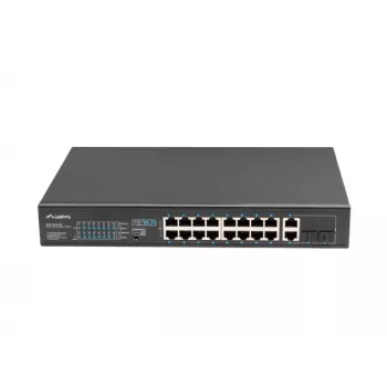 Nevaldytas jungiklis LANBERG RSFE-16P-2C-250 — 18 prievadų Gigabit, 16x PoE+ (30 W), 2x SFP, 250 W, 1U, metalinis, montuojamas į stelažą