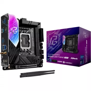 Motininė plokštė ASROCK B860I Lightning WiFi – Intel B860, LGA 1851, Mini-ITX, DDR5, 2x DIMM, 4x M.2, 2.5Gb LAN, Wi‑Fi 6E, Bluetooth 5.3