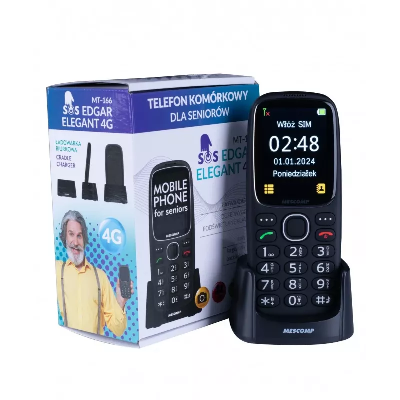 Mobilus telefonas Mescomp MT-166 Edgar Elegant, senjorams, 4G, juodas