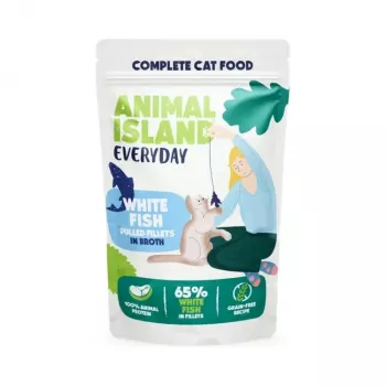 Šlapias kačių ėdalas animal island Everyday Kalakutiena ir Baltosios žuvies filė sultinyje 4×85 g pakeliai