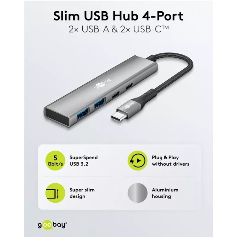 Goobay Slim 4-Port USB-Hub USB-C / USB-A 5 Gbit/s USB 3.2 (76563)