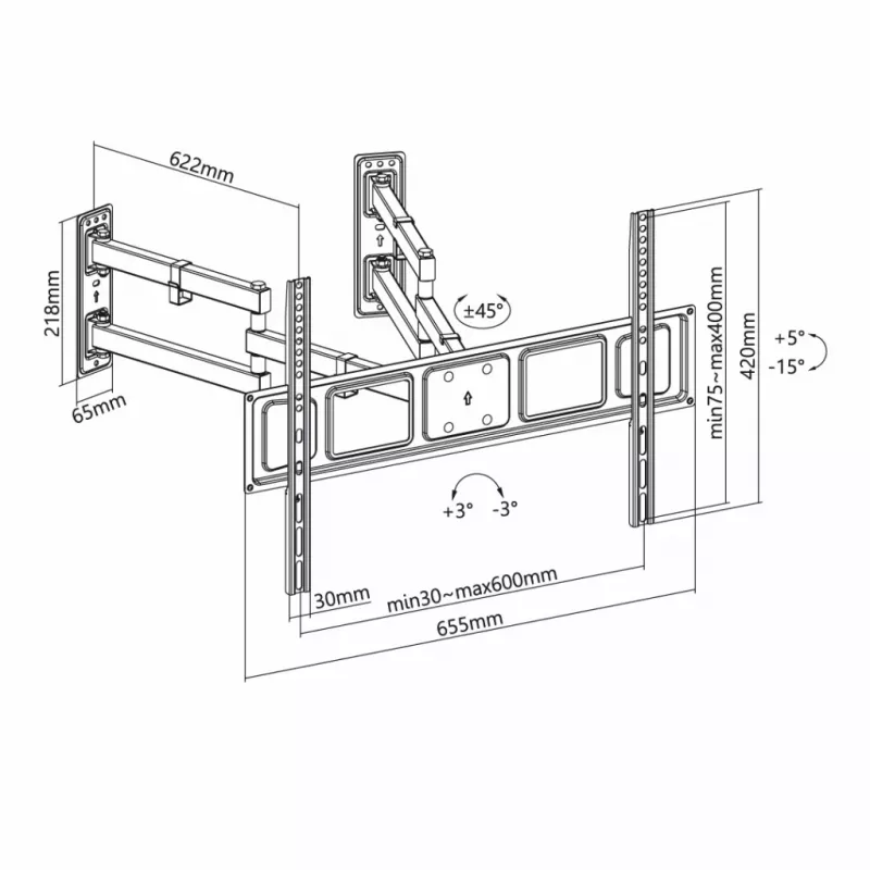 Sieninis TV laikiklis ART AR-85 32–70 colių, iki 45 kg, pakreipimas -15–5°, pasukimas 45°, ištraukimas 118–622 mm, VESA 75x75–600x400