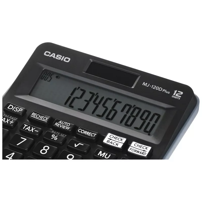 Stalinis skaičiuotuvas CASIO MJ-120D PLUS – 12 skaitmenų, baterija/saulė, 35 klavišai, mokesčių ir kvadratinės šaknies funkcijos, juodas