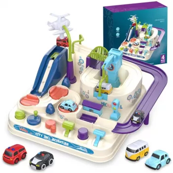 Žaislinis lenktynių takelių rinkinys Extralink TOYS — protingos mašinėlės, moduliniai takelio elementai, baterijomis varomos transporto priemonės