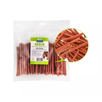 Šunų skanėstai PETITTO Soft rabbit fingers — triušio skonio minkštos lazdyno lazdelės šunims, 500 g, dresūros skanėstas, suaugusiems, be sojos, be glitimo