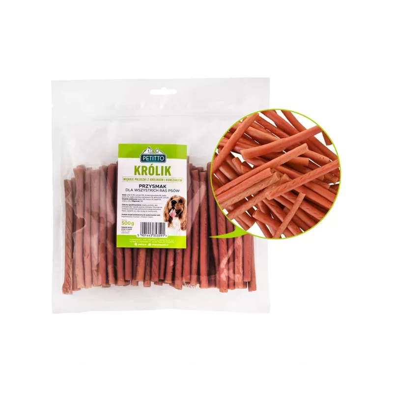 Šunų skanėstai PETITTO Soft rabbit fingers — triušio skonio minkštos lazdyno lazdelės šunims, 500 g, dresūros skanėstas, suaugusiems, be sojos, be glitimo
