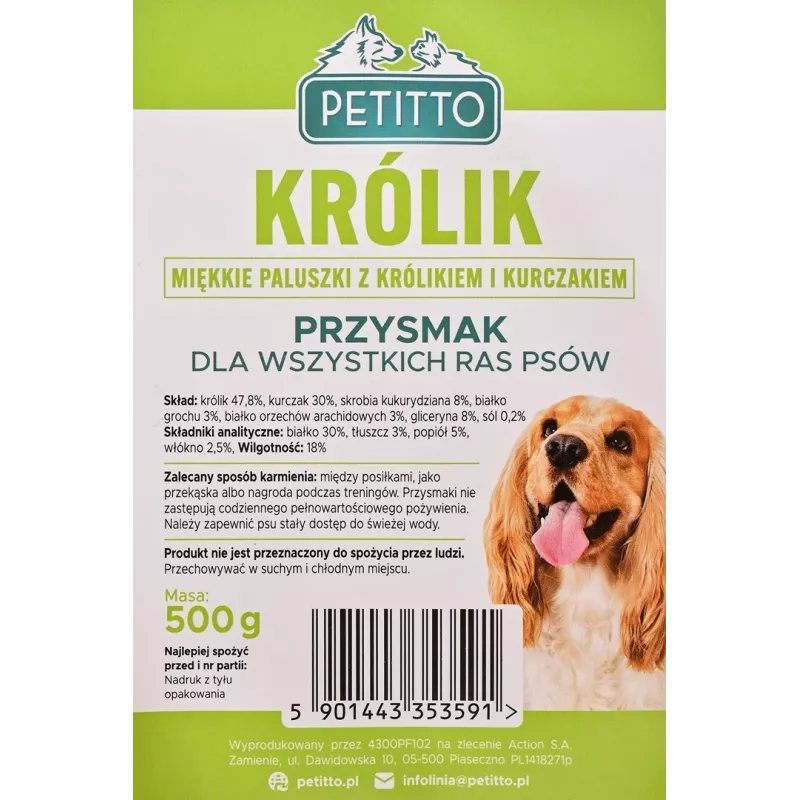 Šunų skanėstai PETITTO Soft rabbit fingers — triušio skonio minkštos lazdyno lazdelės šunims, 500 g, dresūros skanėstas, suaugusiems, be sojos, be glitimo