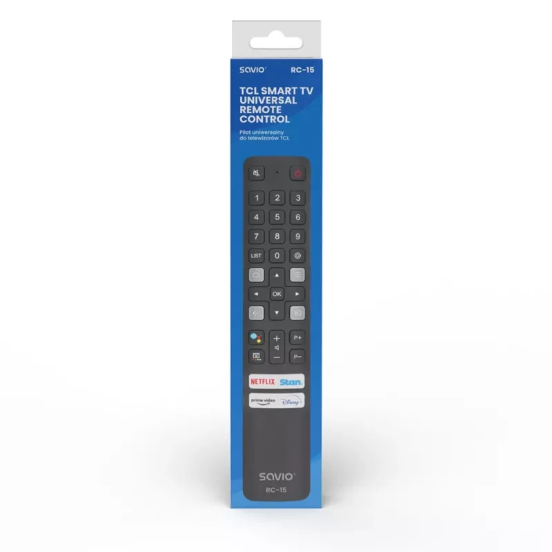 SAVIO universalus TV nuotolinio valdymo pultas RC-15, skirtas TCL SMART TV, IR belaidis, juodas, veikimo atstumas 10 m