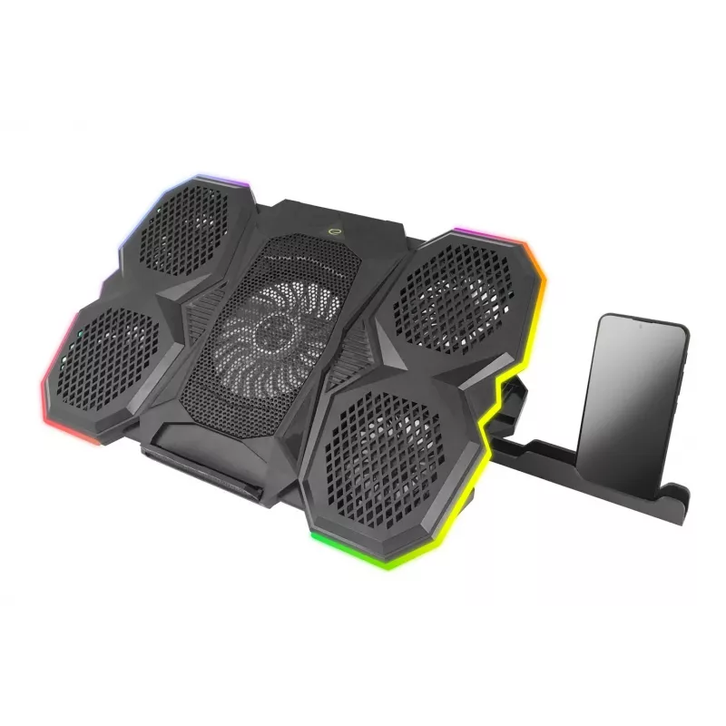 Aušintuvas nešiojamam kompiuteriui ESPERANZA EGC107 — 3 ventiliatoriai 1200–2600 RPM, 390×255×38 mm, USB PD, RGB, 5 aukščio padėtys, juodas