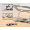 Nešiojamojo kompiuterio stovas Unitek D1109B01 – aliumininis reguliuojamas stovas su atjungiamu USB‑C moduliu, HDMI 4K, PD 100W, 2x USB‑A, RJ‑45, tinka iki 17 colių