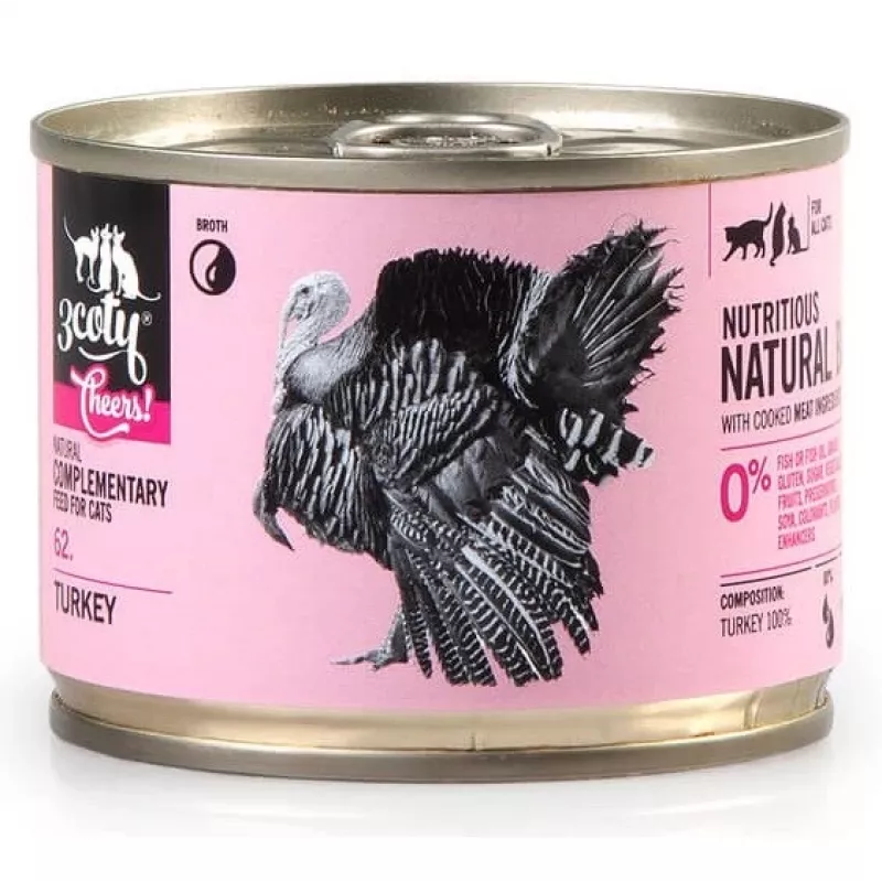 Papildomas šlapias pašaras katėms 3coty TURKEY Cheers! skardinė 160 g – monoproteininis, suaugusioms katėms, be glitimo ir cukraus