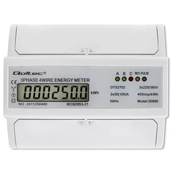 Qoltec trifazis dviejų krypčių skaitiklis | DIN bėgio energijos suvartojimo matuoklis | 400V | 100A | LCD | 4P